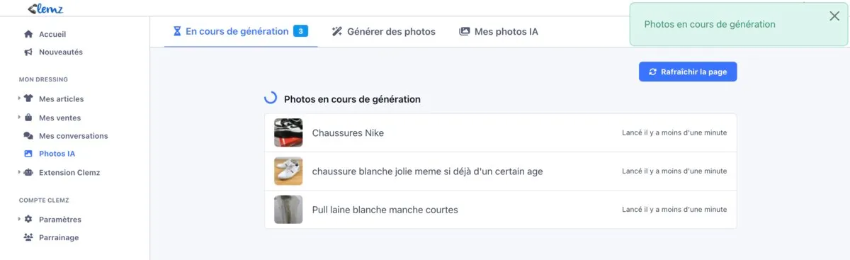 L’onglet des générations en cours, avec le compteur d’articles en traitement