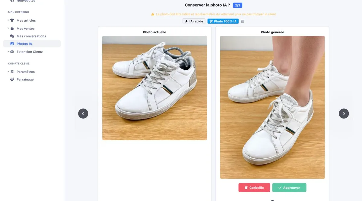 Une basket blanche usagée, et son rendu porté qui conserve les marques d’usure
