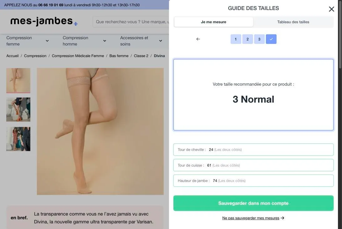 Le résultat : la taille recommandée, et les mesures enregistrables dans le compte client