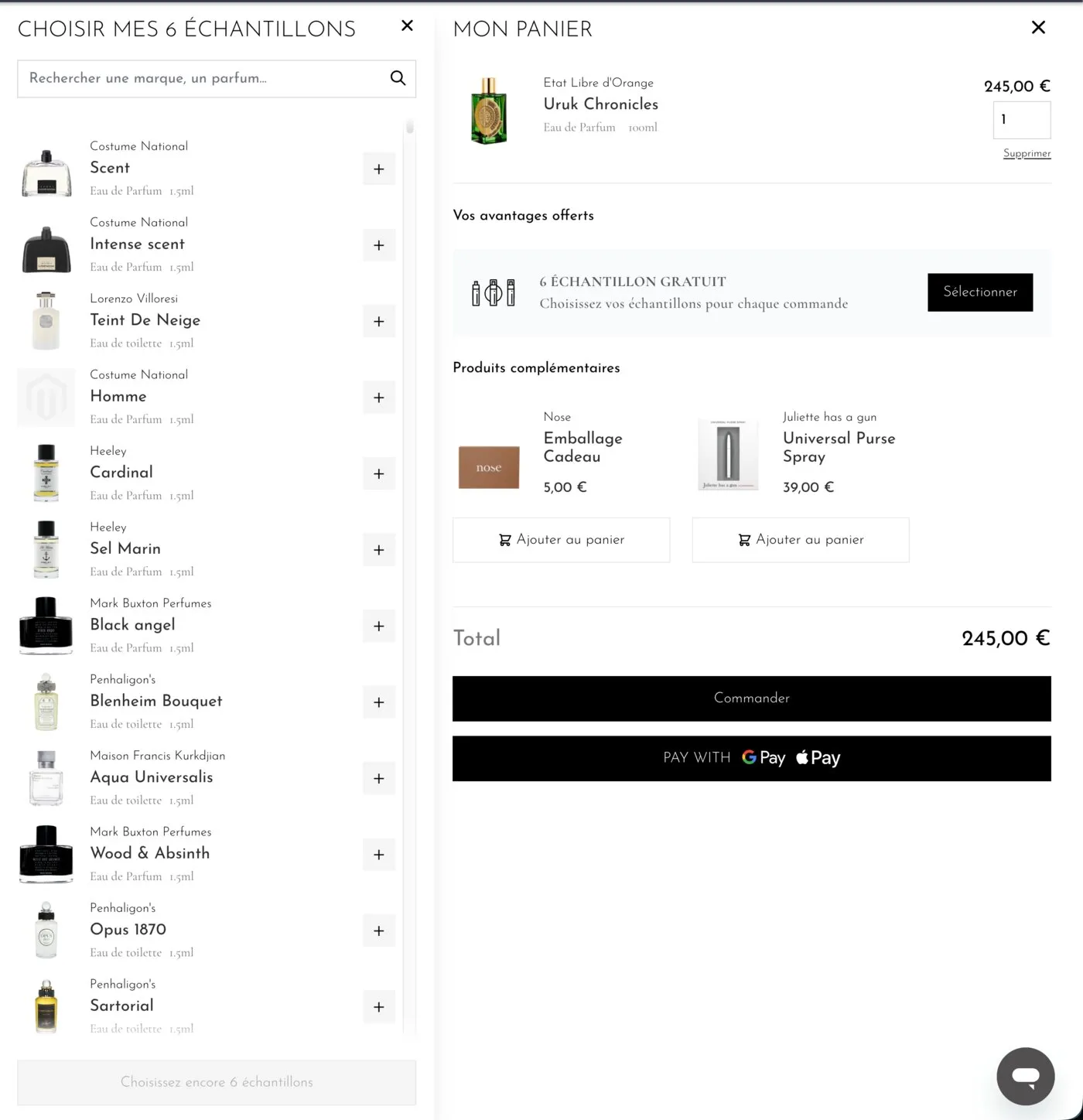 Le mini-panier NOSE : sélection des échantillons offerts, produits complémentaires et paiement express